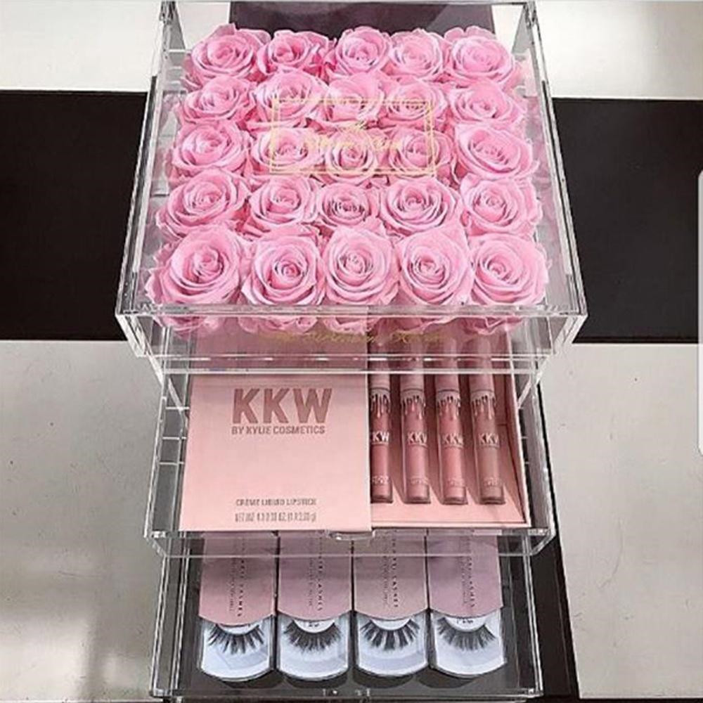 Custom Clear Acrylic Storage 25 Roses Preserved Flower Box with Drawer