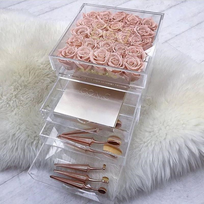 Custom Clear Acrylic Storage 25 Roses Preserved Flower Box with Drawer